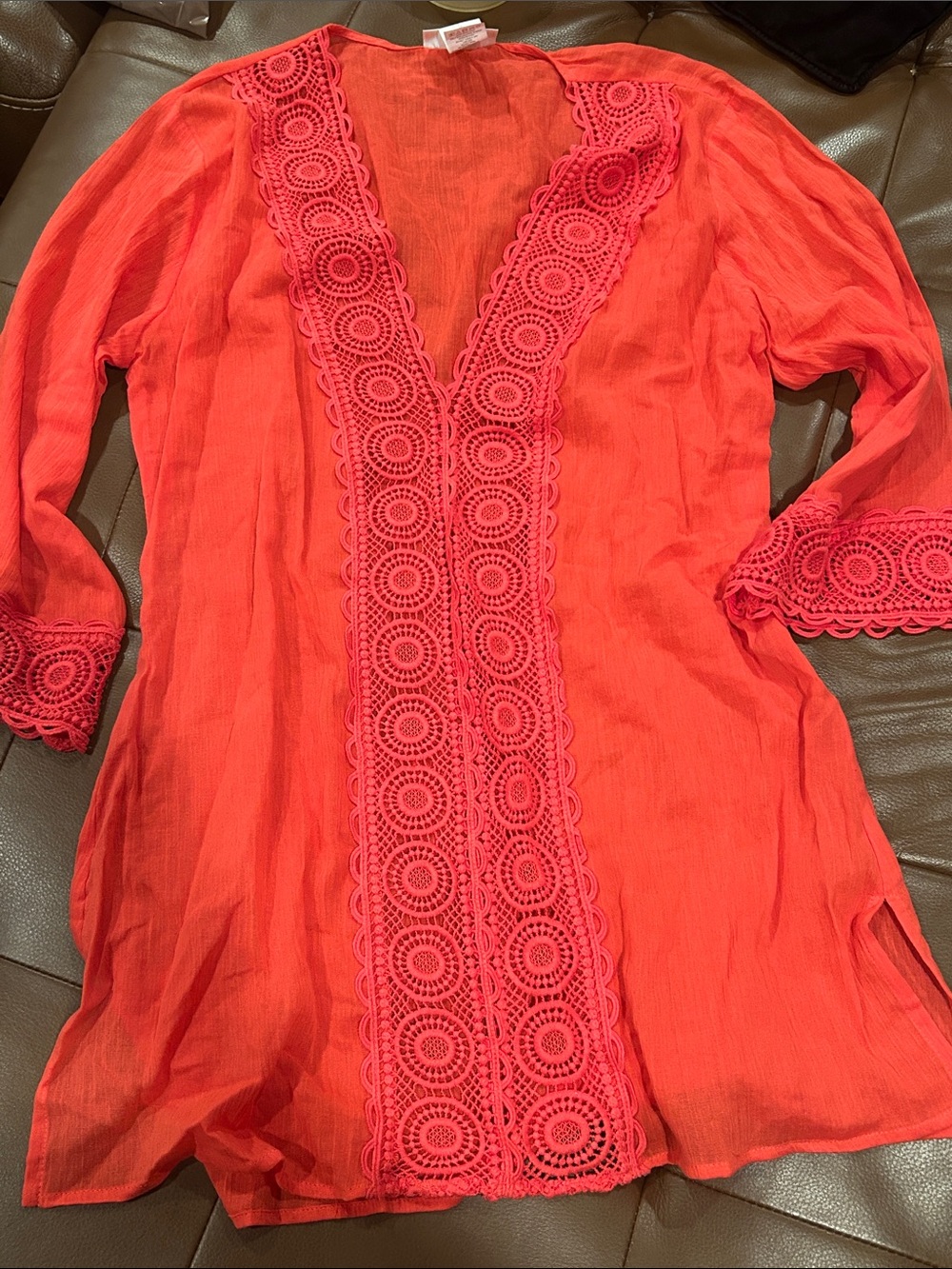 La Blanca Coral and Pink Crochet-Trim Swim Coverup